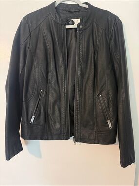 Style & Co. Black Perforated Faux Leather Bomber Jacket with Zip Pockets